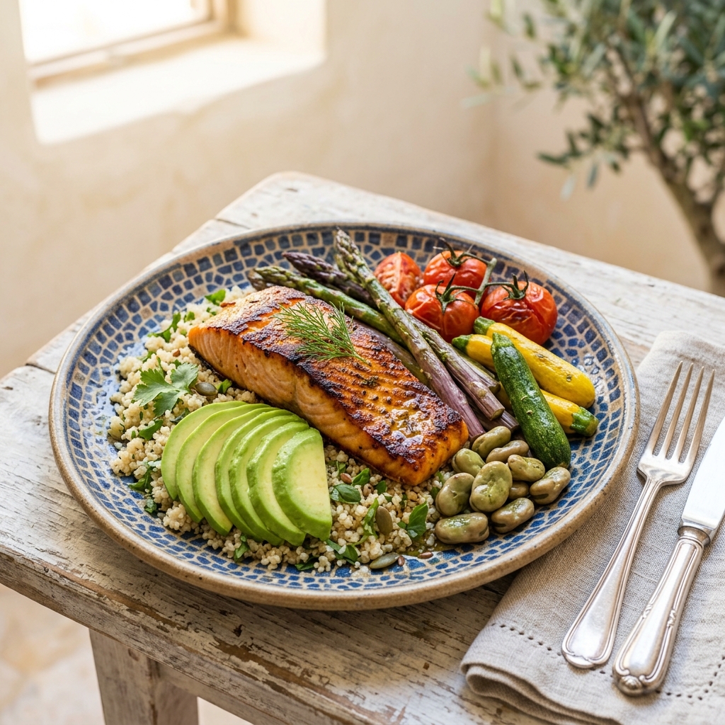 AI image generation prompt: elegant plate of grilled salmon with quinoa, avocado slices and roasted seasonal vegetables on a rustic ceramic dish, warm daylight, gourmet food magazine style