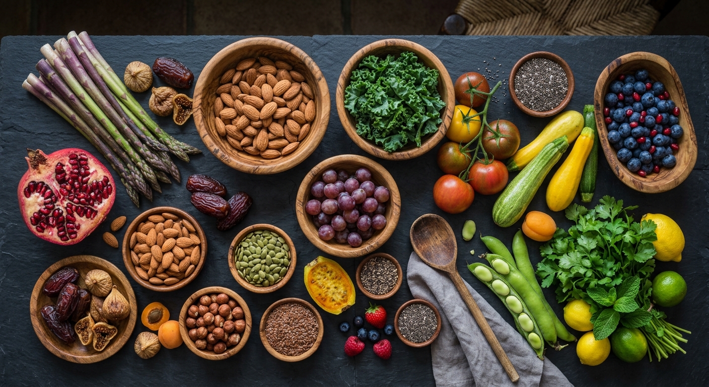 AI image generation prompt: assortment of superfoods in wooden bowls with blueberries, chia seeds, almonds, kale and pomegranate on a rustic farmhouse table, cinematic moody lighting