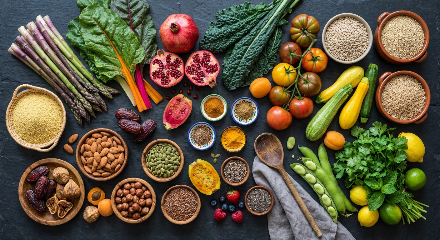 AI image generation prompt: overhead flat lay of vibrant fresh vegetables, fruits, nuts and whole grains arranged on a dark slate table, professional nutrition photography, soft natural light